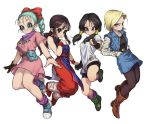  4girls :o android_18 aqua_hair arm_at_side arms_at_sides bangs bare_legs belt black_gloves black_shirt blonde_hair blue_eyes boots braid brown_eyes brown_footwear brown_gloves brown_hair bulma character_name chi-chi_(dragon_ball) chinese_clothes clenched_hand clothes_writing denim denim_jacket denim_skirt dragon_ball dragon_ball_(classic) dragonball_z dress earrings expressionless eyelashes fingernails floating floating_hair frown full_body gloves hair_ribbon hand_in_pocket hand_on_own_chest happy horizontal_stripes jacket jewelry kinjuu_(hariharitt) long_sleeves looking_at_viewer looking_away multiple_girls open_mouth pantyhose pink_dress ponytail purple_legwear purple_neckwear purple_scarf red_ribbon ribbon scarf shirt short_hair shorts simple_background single_glove skirt smile socks striped twintails v-shaped_eyebrows videl watch watch white_background white_shirt wristband 