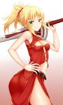 1girl belt blonde_hair braided_ponytail china_dress chinese_clothes clarent cleavage_cutout dress fate/grand_order fate_(series) green_eyes hand_on_hip highres midriff mordred_(fate)_(all) navel scrunchie skirt smile sword weapon zukky
