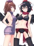  2girls bare_arms bare_shoulders black_bra black_hair black_legwear black_panties black_wings bra breasts brown_hair cleavage garter_belt gluteal_fold hat himekaidou_hatate long_hair looking_at_viewer medium_breasts multiple_girls naked_sweater navel panties pointy_ears pom_pom_(clothes) purple_hat purple_sweater red_eyes red_hat red_scarf ribbed_sweater roke_(taikodon) scarf shameimaru_aya sideboob simple_background smile stomach sweater tassel thigh-highs tokin_hat touhou turtleneck turtleneck_sweater underwear underwear_only violet_eyes white_background wings 