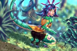  1girl ass blue_hair bright_background bug butterfly chameleon_tail flat_chest forest green_skin highres insect kiraze league_of_legends legs monster_girl nature neeko_(league_of_legends) short_hair short_shorts shorts slit_pupils tail tattoo yellow_eyes 