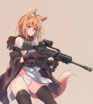  1girl :/ animal_ear_fluff animal_ears assault_rifle bangs bare_shoulders beige beige_background black_legwear breasts closed_mouth constricted_pupils detached_sleeves empty_eyes expressionless firearm_request flash_hider foregrip fox_ears fox_girl fox_tail g36 gloves groin gun holding holding_gun holding_weapon looking_at_viewer medium_breasts medium_hair orange_eyes orange_hair original panties rifle sawaya_(mizukazu) scarf scope side-tie_panties sideboob simple_background solo tail thigh-highs torn_scarf underwear very_long_sleeves weapon weapon_request wide_sleeves 