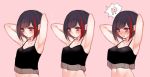  !? 1girl armpits arms_behind_head arms_up bang_dream! bangs bare_arms bare_shoulders black_hair blush camisole chino_machiko closed_mouth commentary crop_top embarrassed eyebrows_visible_through_hair groin hands_up mitake_ran multicolored_hair multiple_views navel open_mouth pink_background pink_eyes short_hair simple_background stomach streaked_hair sweatdrop symbol_commentary upper_body variations 