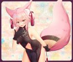  1girl alternate_hairstyle animal_ears bare_shoulders black_gloves blush breasts china_dress chinese_clothes cleavage_cutout dress eyebrows_visible_through_hair fan fangs fate/grand_order fate_(series) fox_ears fox_tail glasses gloves hiiro_yuya holding holding_fan koyanskaya large_breasts looking_at_viewer navel open_mouth pink_hair sleeveless sleeveless_dress smile solo stomach tail tamamo_(assassin)_(fate) tamamo_(fate)_(all) under_boob yellow_eyes 