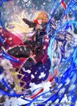  1girl armor arrow bangs blonde_hair boots bow_(weapon) cape closed_mouth company_connection copyright_name elbow_gloves fingerless_gloves fingernails fire_emblem fire_emblem:_mystery_of_the_emblem fire_emblem_cipher gloves holding holding_bow_(weapon) holding_weapon kuraine leg_up long_hair looking_at_viewer mayo_(becky2006) miniskirt nintendo official_art quiver simple_background skirt sleeveless thigh-highs thigh_boots weapon zettai_ryouiki 