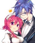  1boy 1girl alternate_costume blue_hair bow bowtie butler chaos;child cosplay enmaided formal looking_at_viewer maid maid_headdress miyashiro_takuru onoe_serika pink_hair red_eyes rotte_(1109) shirt sidelocks smile suit white_shirt 