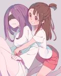  2girls blindfold dress hair_over_one_eye hug kagari_atsuko little_witch_academia long_hair multiple_girls open_mouth pale_skin pink_hair purple_hair red_eyes short_hair simple_background smile sou_(tuhut) sucy_manbavaran witch yuri 