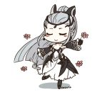  1girl artist_name black_gloves chibi closed_eyes closed_mouth dress eir_(fire_emblem) fire_emblem fire_emblem_heroes flower gloves hair_ornament leg_up long_hair long_sleeves nintendo ponytail silver_hair simple_background sksk7r smile solo white_background 