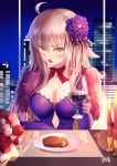  1girl ahoge bangs bow breasts brown_eyes building burning candle cityscape cleavage commentary_request cup dress drinking_glass elbow_gloves eyebrows_visible_through_hair fate/grand_order fate_(series) fire flower food fork fur_collar gloves gogatsu_fukuin hair_between_eyes hair_flower hair_ornament highres holding holding_cup indoors jeanne_d&#039;arc_(alter)_(fate) jeanne_d&#039;arc_(fate)_(all) knife large_breasts light_brown_hair long_hair looking_at_viewer meat night night_sky open_mouth plate purple_dress purple_flower purple_gloves red_bow red_flower red_rose rose signature sky skyscraper solo strapless strapless_dress upper_body very_long_hair white_flower white_rose wine_glass 