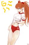  1girl alternate_hairstyle artist_name bare_legs blue_eyes buruma gym_uniform hair_ornament highres long_hair navel neon_genesis_evangelion orange_hair simple_background solo souryuu_asuka_langley sun sweat twintails white_background yang-do 