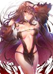  1girl arm_up bangs bare_shoulders black_dress breasts breasts_apart brown_hair center_opening choker collarbone consort_yu_(fate) dress earrings eyebrows_visible_through_hair fate/grand_order fate_(series) fur_trim hair_between_eyes highres jacket jewelry large_breasts lips long_hair looking_at_viewer navel parted_lips red_eyes revealing_clothes sidelocks simple_background smile solo strapless strapless_dress sunhyun teeth very_long_hair white_background 