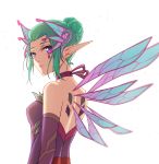  1girl alternate_costume aqua_hair bare_shoulders breasts choker dress elbow_gloves fairy fairy_wings from_behind gloves hair_bun hair_ornament highres looking_at_viewer looking_back looking_to_the_side mechanical_wings medium_breasts mercy_(overwatch) overwatch purple_dress purple_gloves purple_ribbon qingchen_(694757286) ribbon ribbon_choker short_hair simple_background sleeveless sleeveless_dress solo sparkle sugar_plum_fairy_mercy upper_body violet_eyes white_background wings 