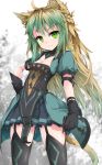  1girl animal_ear_fluff animal_ears atalanta_(fate) bangs black_gloves black_legwear blurry blurry_background breasts brown_hair cat_ears cat_girl cat_tail cleavage closed_mouth commentary_request depth_of_field dress eyebrows_visible_through_hair fate/apocrypha fate_(series) garter_straps gloves gradient_hair green_dress green_eyes green_hair hand_on_hip head_tilt long_hair multicolored_hair puffy_short_sleeves puffy_sleeves short_sleeves small_breasts solo tail thigh-highs uumaru v-shaped_eyebrows very_long_hair white_background 