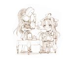  2girls :d ahoge akagi_(kantai_collection) bare_shoulders blush boots cake chair closed_eyes cup detached_sleeves double_bun food gekka_kaguya_(urabata) graphite_(medium) hairband hakama_skirt headgear holding holding_plate japanese_clothes kantai_collection kongou_(kantai_collection) long_hair multiple_girls nontraditional_miko open_mouth plate ribbon-trimmed_sleeves ribbon_trim sitting smile spit_take spitting table teacup teapot teeth thigh-highs thigh_boots traditional_media 