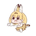  1girl :d animal_ears batta_(ijigen_debris) blonde_hair blush_stickers chibi commentary_request elbow_gloves gloves grey_eyes highres kemono_friends motion_lines one_knee open_mouth round_teeth serval_(kemono_friends) serval_ears serval_print serval_tail simple_background skirt smile solo sweatdrop tail teeth white_background yellow_skirt 