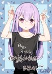  1girl :o absurdres artist_name bangs black_shirt blush clothes_writing collarbone commentary double_w english_commentary garin hands_up happy_birthday highres lavender_hair long_hair original parted_lips pink_eyes pointy_ears sanpaku shirt shirt_tucked_in short_sleeves sidelocks solo tareme translation_request upper_body w 