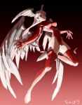  1girl angel_wings boots breasts commentary_request final_fantasy final_fantasy_tactics gloves head_wings highleg knife leotard long_hair nanpou_(nanpou0021) red_legwear red_leotard silver_hair solo thigh-highs thigh_boots ultima_(fft) white_hair wings 