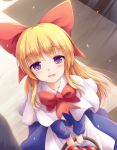 1girl :d apron basket blonde_hair blue_dress bow bowtie capelet commentary_request dress eyebrows_visible_through_hair eyes_visible_through_hair hair_bow highres holding holding_basket long_hair long_sleeves looking_at_viewer lzh open_mouth red_bow red_neckwear shanghai_doll smile solo touhou violet_eyes waist_apron white_capelet 