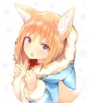  1girl animal_ear_fluff animal_ears animal_hood blonde_hair chestnut_mouth coat fox_ears fox_tail fur-trimmed_coat fur_trim highres hood hood_down hooded_coat long_sleeves looking_at_viewer looking_up open_mouth original sukemyon tail winter_clothes winter_coat 