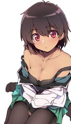  1girl absurdres bangs bare_shoulders between_legs black_tank_top blush breasts brown_hair brown_legwear cleavage collarbone commentary_request dark_skin eyebrows_visible_through_hair green_skirt hair_between_eyes hand_between_legs head_tilt highres kazenoko long_sleeves looking_at_viewer medium_breasts no_shoes off_shoulder original pantyhose parted_lips pleated_skirt red_eyes shirt simple_background sitting skirt solo strap_slip tank_top wariza white_background white_shirt 