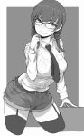  1girl bangs belt black_legwear braid breasts garter_straps glasses grey_background greyscale hand_up ina_(gokihoihoi) large_breasts leaning_forward long_hair looking_at_viewer monochrome necktie original shirt shorts smile solo standing thigh-highs twin_braids white_shirt 