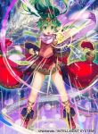  1girl bangs boots bracelet chiki clenched_hand company_name copyright_name dragon dress fire_emblem fire_emblem:_mystery_of_the_emblem fire_emblem_cipher full_body green_eyes green_hair jewelry kurosawa_tetsu long_hair looking_at_viewer nintendo official_art open_mouth pink_dress pointy_ears ponytail ribbon scarf short_dress sidelocks sleeveless sleeveless_dress solo sparkle standing stone tiara 
