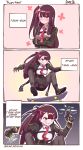  1girl 3koma absurdres artist_name comic english evil_smile eyebrows_visible_through_hair girls_frontline highres necktie one_side_up pun purple_hair sharp_teeth skateboard skateboarding smile solo stun_gun teeth tegar32 tsundere violet_eyes wa2000_(girls_frontline) 