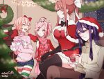  4girls :d ^_^ alternate_costume armchair artist_name beige_sweater belt black_gloves black_legwear black_neckwear bow bowtie breasts brown_hair caffe0w0 candle capelet casual chair chibi christmas christmas_lights christmas_ornaments christmas_tree cleavage closed_eyes closed_eyes clothes_writing commentary doki_doki_literature_club elbow_gloves english_commentary fur-trimmed_capelet fur-trimmed_hat fur_trim gloves hair_between_eyes hair_bow hair_ornament hair_ribbon hairclip hat highres jar long_sleeves medium_breasts monika_(doki_doki_literature_club) multiple_girls natsuki_(doki_doki_literature_club) open_mouth pantyhose pink_eyes pink_hair pink_scarf pink_skirt pink_sweater pleated_skirt pom_pom_(clothes) ponytail profanity purple_hair red_bow red_capelet red_hat red_ribbon red_sweater ribbed_sweater ribbon santa_costume santa_hat sayori_(doki_doki_literature_club) scarf short_hair short_shorts shorts sidelocks sitting skirt sleeves_past_fingers sleeves_past_wrists smile snowing striped striped_legwear sweater thigh-highs twitter_username two_side_up violet_eyes white_ribbon window yuri_(doki_doki_literature_club) 
