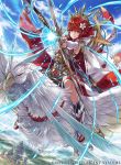  1girl armor arrow bangs bird blue_sky boots bow_(weapon) bridal_gauntlets closed_mouth clouds cloudy_sky commentary_request company_name copyright_name day feather_trim fire_emblem fire_emblem_cipher fire_emblem_if hagiya_kaoru hinoka_(fire_emblem_if) holding holding_bow_(weapon) holding_weapon japanese_armor japanese_clothes knee_boots looking_at_viewer nintendo official_art outdoors red_eyes redhead short_hair sky weapon 