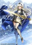  1girl armor barefoot blue_cape cape company_connection copyright_name female_my_unit_(fire_emblem_if) fire_emblem fire_emblem_cipher fire_emblem_if gloves hair_between_eyes hair_ornament hairband long_hair looking_at_viewer mamkute my_unit_(fire_emblem_if) nintendo official_art pointy_ears red_eyes silver_hair sword toyo_sao weapon 