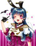  1girl ;d animal_ears bangs bat black_gloves black_hairband blue_hair blush dress_shirt earrings eyebrows_visible_through_hair fake_animal_ears gloves hair_bun hair_ornament hairband halloween_costume jewelry long_hair love_live! love_live!_sunshine!! one_eye_closed open_mouth purple_shirt rabbit_ears shiny shiny_hair shirt short_sleeves shuga_(0329tixi) smile solo sparkle suspenders tsushima_yoshiko upper_body violet_eyes white_background 