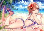  1girl ahoge ass bare_shoulders beach bikini blue_sky breasts brown_eyes brown_hair clouds commentary_request day dsmile flower frilled_bikini frills from_behind hair_flower hair_ornament hair_tie looking_at_viewer looking_back lying misaka_mikoto ocean on_stomach outdoors palm_tree plaid sand sandals shiny shiny_hair shiny_skin short_hair sky small_breasts solo spiky_hair swimsuit the_pose to_aru_kagaku_no_railgun to_aru_majutsu_no_index tree water 