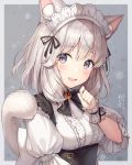  1girl :d animal_ear_fluff animal_ears ayuanlv bangs black_ribbon blue_eyes blush bow bowtie breasts brooch cat_ears cat_tail dated eyebrows_visible_through_hair final_fantasy final_fantasy_xiv hair_ribbon hand_up head_tilt highres jewelry looking_at_viewer maid_headdress medium_breasts miqo&#039;te open_mouth puffy_short_sleeves puffy_sleeves ribbon shirt short_hair short_sleeves signature silver_hair slit_pupils smile snowflakes solo tail two-tone_background underbust upper_body upper_teeth white_shirt wrist_cuffs 