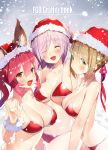  3girls \n/ animal_ears artoria_pendragon_(all) bangs bare_arms bare_shoulders bikini blonde_hair blush braid breasts cleavage closed_eyes collarbone commentary_request cover cover_page eyebrows_visible_through_hair fate_(series) fox_ears fur_trim green_eyes hair_between_eyes hair_ribbon half_updo halterneck hand_up hat head_tilt large_breasts lavender_hair long_hair looking_at_viewer mash_kyrielight matsui_hiroaki multiple_girls navel open_mouth orange_eyes pink_hair red_bikini red_hat red_ribbon ribbon saber santa_hat smile snow string_bikini swimsuit tamamo_(fate)_(all) thigh_gap under_boob 