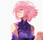  1girl armor armored_dress bare_shoulders breasts clenched_hands dress elbow_gloves fate/grand_order fate_(series) gloves hair_lift hair_over_one_eye hands_clasped highres kiriyama large_breasts looking_to_the_side mash_kyrielight own_hands_together parted_lips pink_eyes pink_hair purple_dress shirt short_hair sleeveless sleeveless_shirt 
