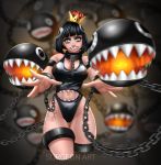  1girl absurdres bangs black_eyes black_hair black_swimsuit blunt_bangs bob_cut breasts chain_chomp chains cleavage collar commentary_request constricted_pupils cropped_legs crown eyelashes french_commentary gluteal_fold highres large_breasts lipstick looking_at_viewer makeup super_mario_bros. meme_attire navel navel_cutout new_super_mario_bros._u_deluxe nintendo one-piece_swimsuit princess_chain_chomp reaching_out sharkini sharp_teeth short_hair soft_focus solo super_crown surgeon-art swimsuit teeth thigh_gap watermark 