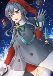  1girl absurdres alternate_costume blue_eyes blue_hair cowboy_shot dress gloves gotland_(kantai_collection) green_ribbon grey_coat grey_gloves hair_between_eyes hair_bun hat highres kantai_collection long_hair long_sleeves looking_at_viewer mole mole_under_eye open_mouth red_dress ribbon santa_hat sheep snow solo thigh-highs waving white_legwear yunamaro 