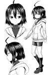  1girl ahoge bike_shorts boots closed_mouth commentary_request contrapposto copyright_request expressionless flat_chest greyscale hair_between_eyes hood hood_down hoodie long_sleeves looking_at_viewer monochrome multiple_views ponkotsu profile short_hair solo standing 