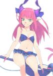 1girl akinbo_(hyouka_fuyou) bikini bikini_skirt blue_bikini blue_eyes breasts cleavage collarbone elizabeth_bathory_(fate) elizabeth_bathory_(fate)_(all) fate/grand_order fate_(series) floating_hair highres horns long_hair looking_at_viewer navel pink_hair pointy_ears shiny shiny_hair simple_background sitting small_breasts smile solo strapless strapless_bikini swimsuit tail white_background