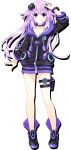  1girl adult_neptune boots bracelet collar collarbone d-pad d-pad_hair_ornament full_body hair_ornament highres hood hooded_track_jacket jacket jewelry long_hair looking_at_viewer neptune_(series) official_art purple_hair shin_jigen_game_neptune_vii smile solo standing thigh_strap track_jacket transparent_background tsunako v violet_eyes 