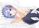  1girl :d bed_sheet black_sleeves blue_eyes blue_hair breasts cleavage collarbone detached_sleeves eyebrows_visible_through_hair flower frilled_sleeves frills hair_flower hair_ornament hair_ribbon head_wreath long_sleeves looking_at_viewer lying medium_breasts on_side open_mouth pillow purple_ribbon re:zero_kara_hajimeru_isekai_seikatsu rem_(re:zero) ribbon ribbon-trimmed_sleeves ribbon_trim sankee short_hair sketch smile solo strapless upper_body white_flower x_hair_ornament 