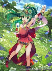  1girl bangs bracelet chiki company_name copyright_name dress fire_emblem fire_emblem:_mystery_of_the_emblem fire_emblem_cipher green_eyes green_hair jewelry kurosawa_tetsu long_hair looking_at_viewer nintendo official_art open_mouth pointy_ears ponytail short_dress sleeveless solo tiara 