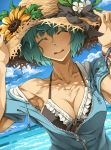  1girl armpits black_bikini_top bracelet breasts cleavage close-up closed_eyes collarbone commentary_request day flower green_hair hat hat_flower highres jewelry kasetsu_03 large_breasts looking_at_viewer ocean off_shoulder sei_(va-11_hall-a) short_hair short_sleeves solo sun_hat unzipped upper_body va-11_hall-a 