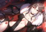  1girl absurdres bangs black_dress breasts brown_hair center_opening choker collarbone commentary_request consort_yu_(fate) dress eyebrows_visible_through_hair fate/grand_order fate_(series) flower fur_trim hair_between_eyes highres jacket long_hair looking_at_viewer medium_breasts multicolored multicolored_background navel nu10040904 red_eyes solo strapless strapless_dress very_long_hair 