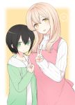  1boy 1girl :d apron bangs black_hair blonde_hair blush closed_mouth commentary_request green_eyes green_jacket hair_between_eyes hand_up head_tilt hood hooded_jacket jacket long_sleeves looking_at_viewer nekoume open_clothes open_jacket open_mouth pink_apron ribbed_sweater shiina_aki shirt simple_background smile sunohara_ayaka sunoharasou_no_kanrinin-san sweater w white_shirt white_sweater yellow_background yellow_eyes 