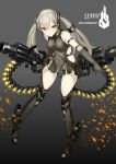  1girl absurdres ammunition_belt armband bangs bare_shoulders black_background black_dress black_gloves black_hair black_legwear blush breasts character_name closed_mouth destroyer_(girls_frontline) dress full_body girls_frontline gloves gradient gradient_background grey_background gun hair_between_eyes hair_ornament highres long_hair looking_at_viewer machine_gun medium_breasts multicolored_hair sangvis_ferri side_cutout sidelocks silver_hair sleeveless sleeveless_dress smile solo streaked_hair teruru_(pixiv_6148103) thigh-highs twintails v-shaped_eyebrows weapon 