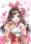  1girl :d a.i._channel blush brown_hair commentary_request egasumi ema fingernails floral_print flower fur_collar green_eyes hair_flower hair_ornament hair_ribbon hairband head_tilt holding japanese_clothes kimono kizuna_ai long_hair long_sleeves morikura_en multicolored_hair obi open_mouth pinching_sleeves pink_flower pink_hair pink_hairband pink_kimono pink_ribbon pink_rose purple_flower ribbon rose round_teeth sash smile solo streaked_hair teeth upper_body upper_teeth very_long_hair virtual_youtuber white_background white_flower wide_sleeves 