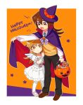  1boy 1girl aqua_neckwear black_pants blonde_hair blush border brown_eyes brown_footwear brown_hair candy cape child collared_shirt dress english_text food full_body hair_between_eyes halloween halloween_costume happy_halloween hat jack-o&#039;-lantern kuriboh long_hair long_sleeves necktie nns146 open_mouth orange_background pants plaid puffy_short_sleeves puffy_sleeves shirt short_sleeves smile standing star sweater_vest tenjouin_asuka tenjouin_fubuki vest white_border white_dress white_legwear white_shirt white_wings wings witch_hat yellow_sweater_vest younger yu-gi-oh! yuu-gi-ou yuu-gi-ou_gx 