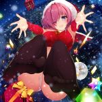  1girl absurdres bell black_legwear blush breasts christmas collarbone detached_sleeves eyebrows_visible_through_hair fate/grand_order fate_(series) feet gift hat highres large_breasts looking_at_viewer mash_kyrielight netarou night one_eye_closed open_mouth outdoors panties pantyshot purple_hair red_hat santa_costume santa_hat short_hair smile soles thigh-highs toes underwear violet_eyes white_panties 