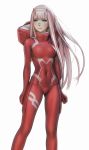  1girl absurdres bangs blunt_bangs bodysuit breasts closed_mouth covered_navel darling_in_the_franxx facing_viewer full_body gloves gluteal_fold green_eyes hairband highres horns looking_to_the_side luimiart medium_breasts oni_horns pilot_suit pink_hair red_bodysuit red_horns solo standing straight_hair white_hairband wind zero_two_(darling_in_the_franxx) 