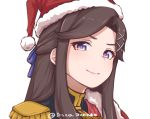  1girl bangs black_jacket blue_bow bow brown_hair closed_mouth commentary disco_brando epaulettes eyebrows_visible_through_hair fur-trimmed_hat fur_trim hair_bow hair_ornament hat head_tilt jacket long_hair looking_at_viewer portrait red_hat santa_hat shoujo_kageki_revue_starlight sidelocks smile solo tendou_maya twitter_username violet_eyes x_hair_ornament 